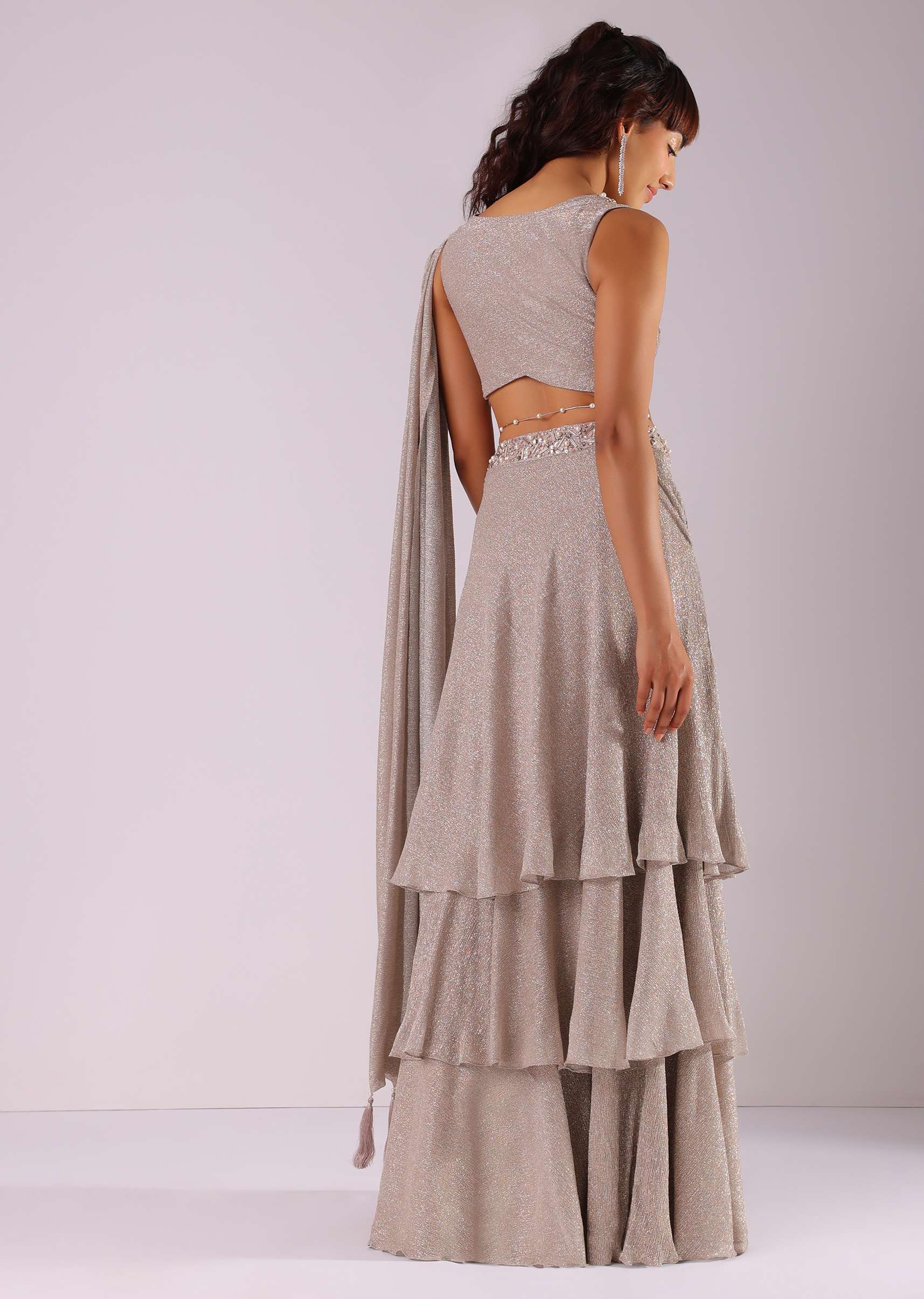 Champagne Grey Embroidered Ready-To-Wear Saree In Knit Fabric