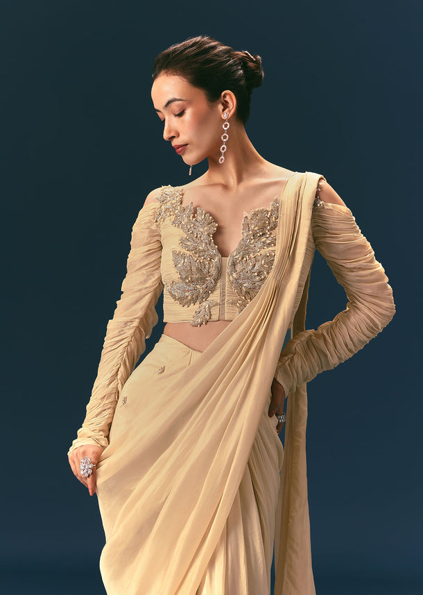 Champagne Peach Embroidered Draped Saree With 3D Applique Blouse