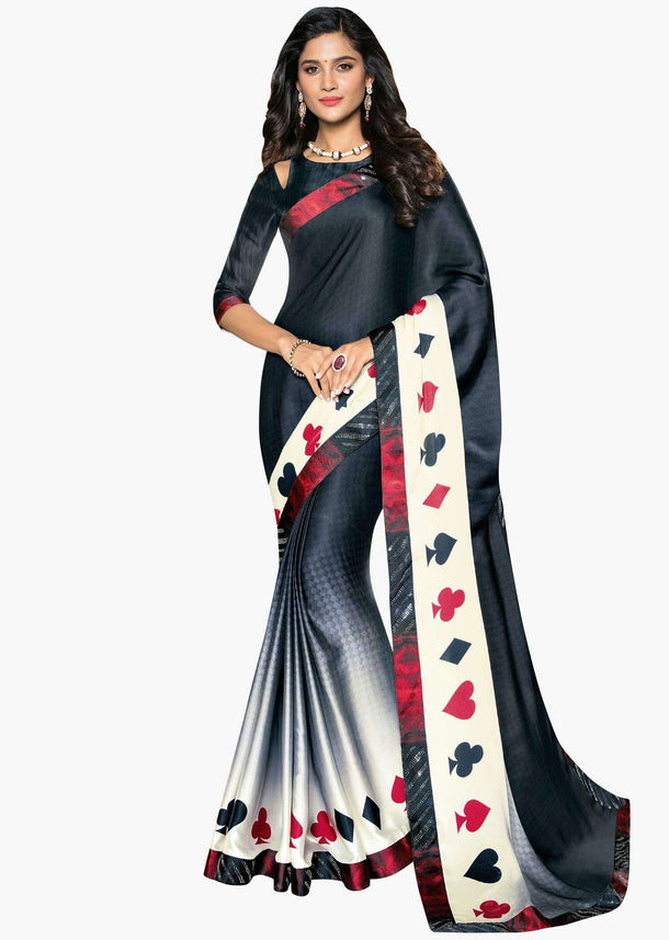 Charcoal grey and cream shaded saree in fancy print only on Kalki