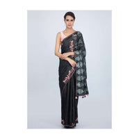 Charcoal grey tussar silk saree with batik printed pallo and bird patch work at the border only on Kalki