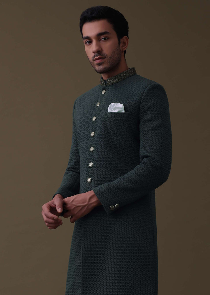 Charcoal Grey Embroidered Sherwani Set In Quilted Silk With Collar Detailing