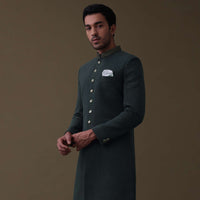 Charcoal Grey Embroidered Sherwani Set In Quilted Silk With Collar Detailing