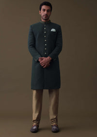 Charcoal Grey Embroidered Sherwani Set In Quilted Silk With Collar Detailing