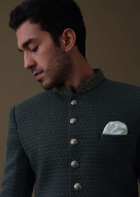 Charcoal Grey Embroidered Sherwani Set In Quilted Silk With Collar Detailing