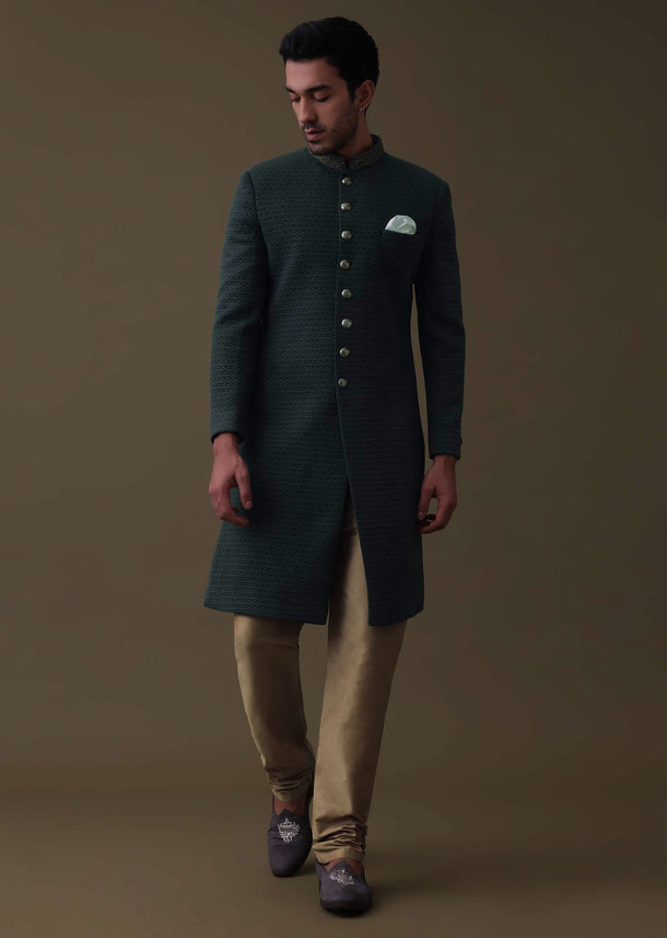 Charcoal Grey Embroidered Sherwani Set In Quilted Silk With Collar Detailing