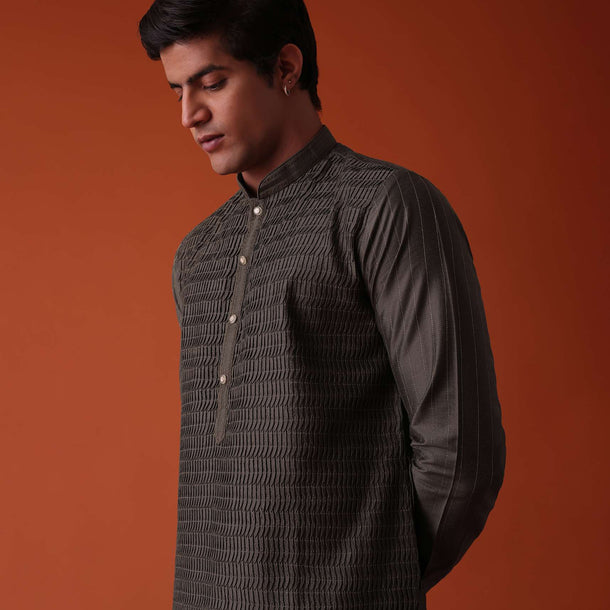 Charcoal Grey Kurta Set In Art Silk With Heavy Pleating