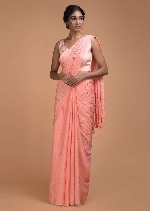 Charisma Peach Saree In Chiffon With Badla Work In Diagonal Stripes And Round Motifs Online - Kalki Fashion