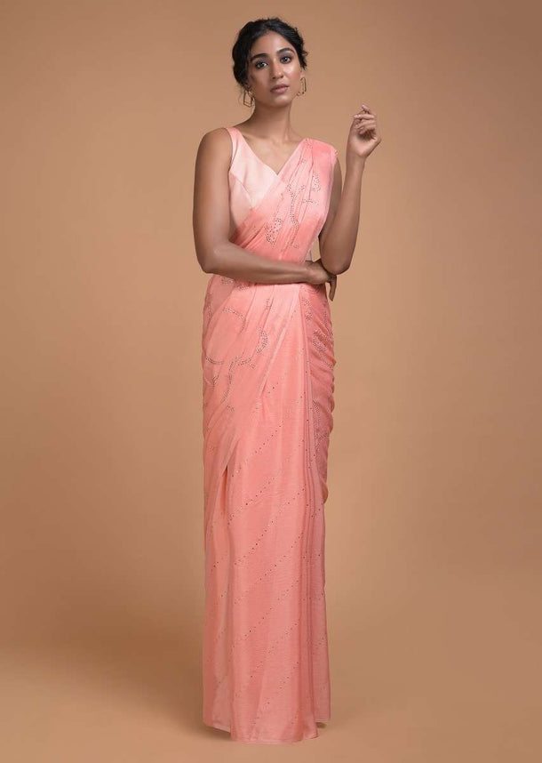 Charisma Peach Saree In Chiffon With Badla Work In Diagonal Stripes And Round Motifs Online - Kalki Fashion