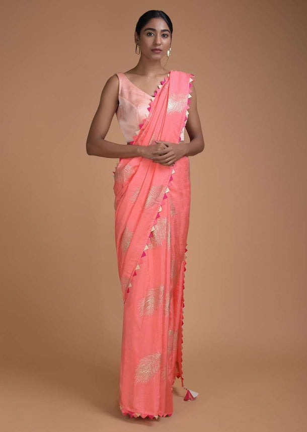 Charisma Peach Saree In Cotton Silk With Weaved Peacock Feather Motifs Online - Kalki Fashion