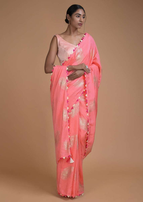 Charisma Peach Saree In Cotton Silk With Weaved Peacock Feather Motifs Online - Kalki Fashion