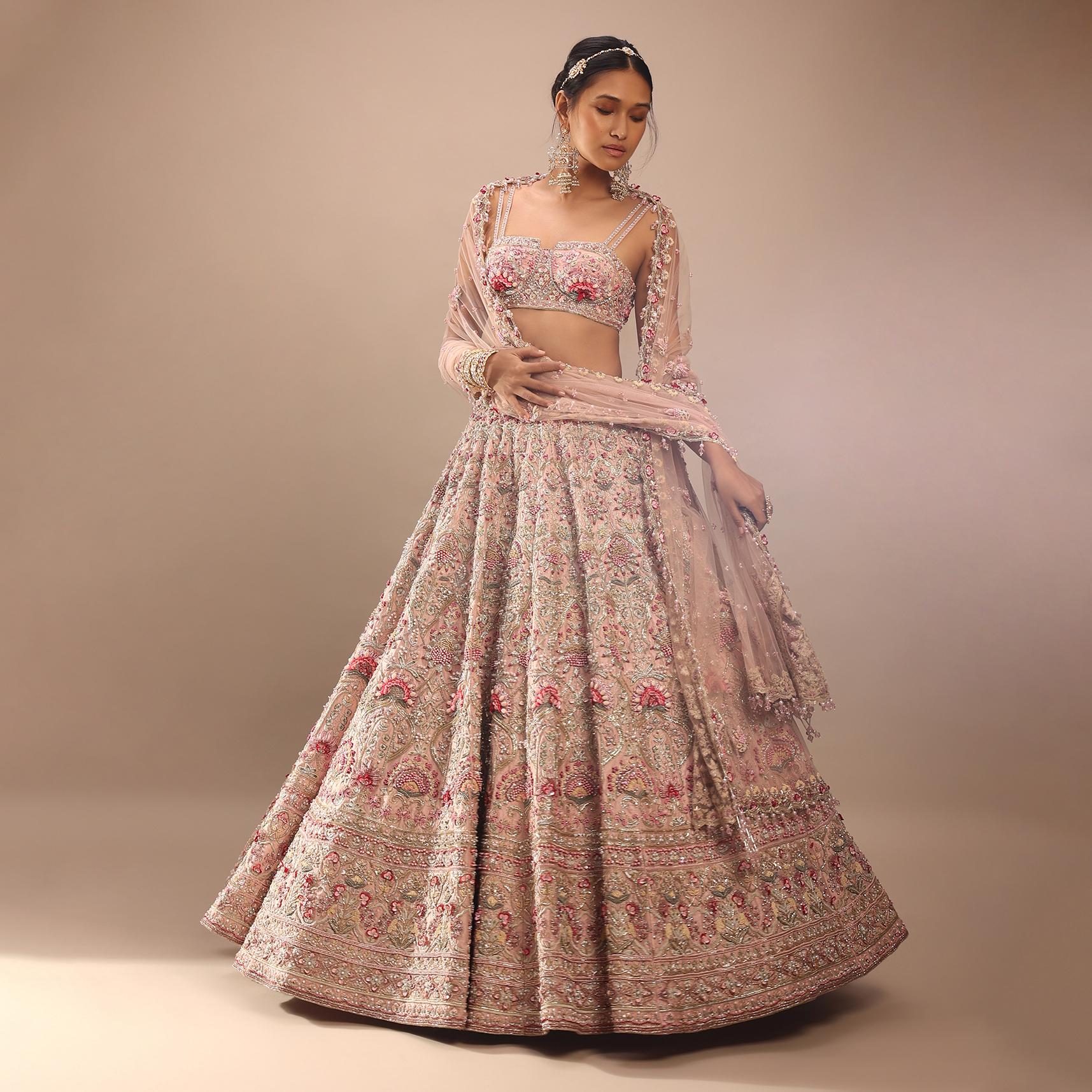 Charm Pink Rumi Lehenga Set With Matching Crop Top In 3D Flower Motifs And Abla Embroidery