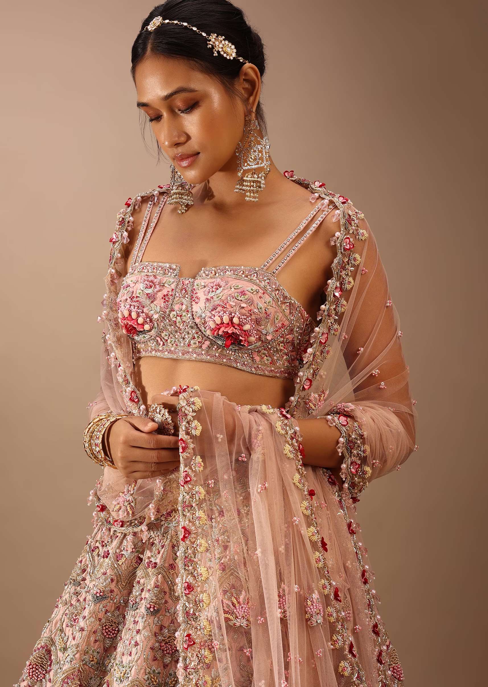 Charm Pink Rumi Lehenga Set With Matching Crop Top In 3D Flower Motifs And Abla Embroidery