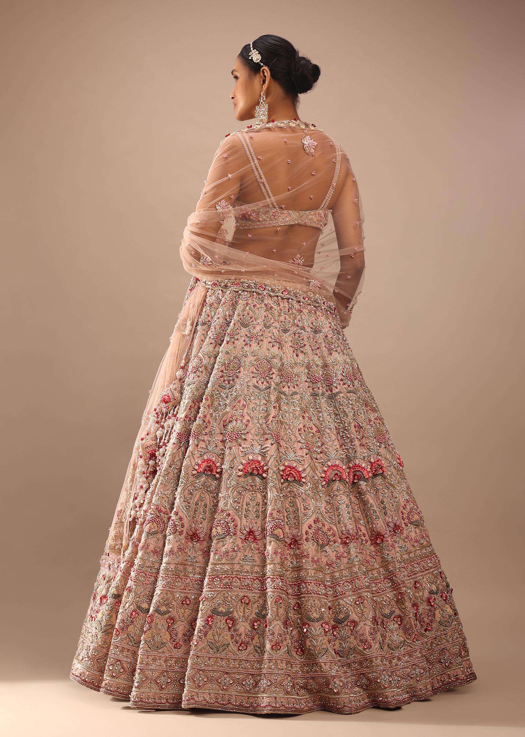 Charm Pink Rumi Lehenga Set With Matching Crop Top In 3D Flower Motifs And Abla Embroidery