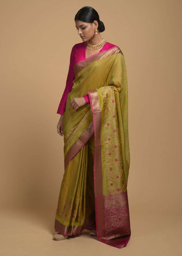 Chartreuse Green Pure Handloom Saree In Tussar Silk With Woven Floral Design On The Border And Pallu Online - Kalki Fashion