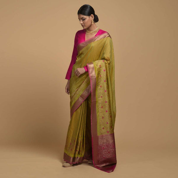 Chartreuse Green Pure Handloom Saree In Tussar Silk With Woven Floral Design On The Border And Pallu Online - Kalki Fashion