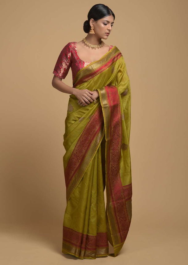 Chartreuse Green Pure Handloom Saree In Tussar Silk With Woven Leaf Shaped Buttis Buttis Online - Kalki Fashion