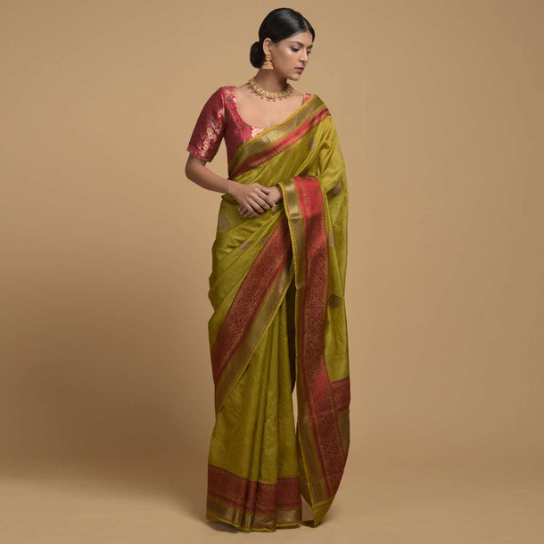 Chartreuse Green Pure Handloom Saree In Tussar Silk With Woven Leaf Shaped Buttis Buttis Online - Kalki Fashion