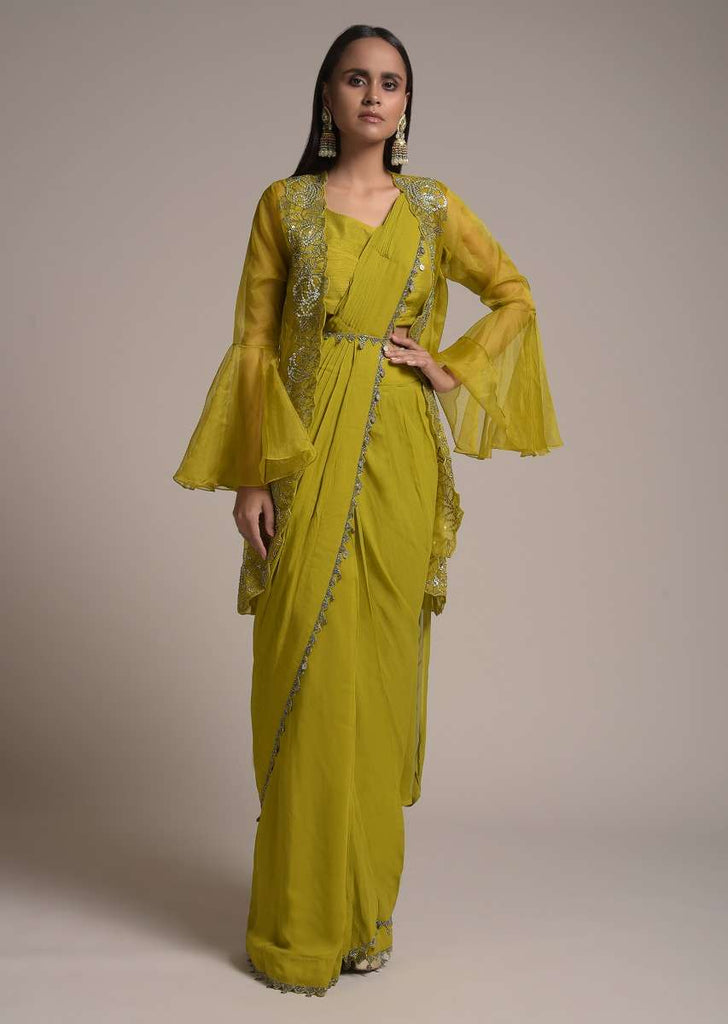 Chartreuse Green Ready Pleated Saree With Bell Sleeves Organza Jacket  Online - Kalki Fashion