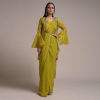 Chartreuse Green Ready Pleated Saree With Bell Sleeves Organza Jacket  Online - Kalki Fashion