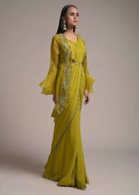 Chartreuse Green Ready Pleated Saree With Bell Sleeves Organza Jacket  Online - Kalki Fashion