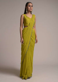 Chartreuse Green Ready Pleated Saree With Bell Sleeves Organza Jacket  Online - Kalki Fashion