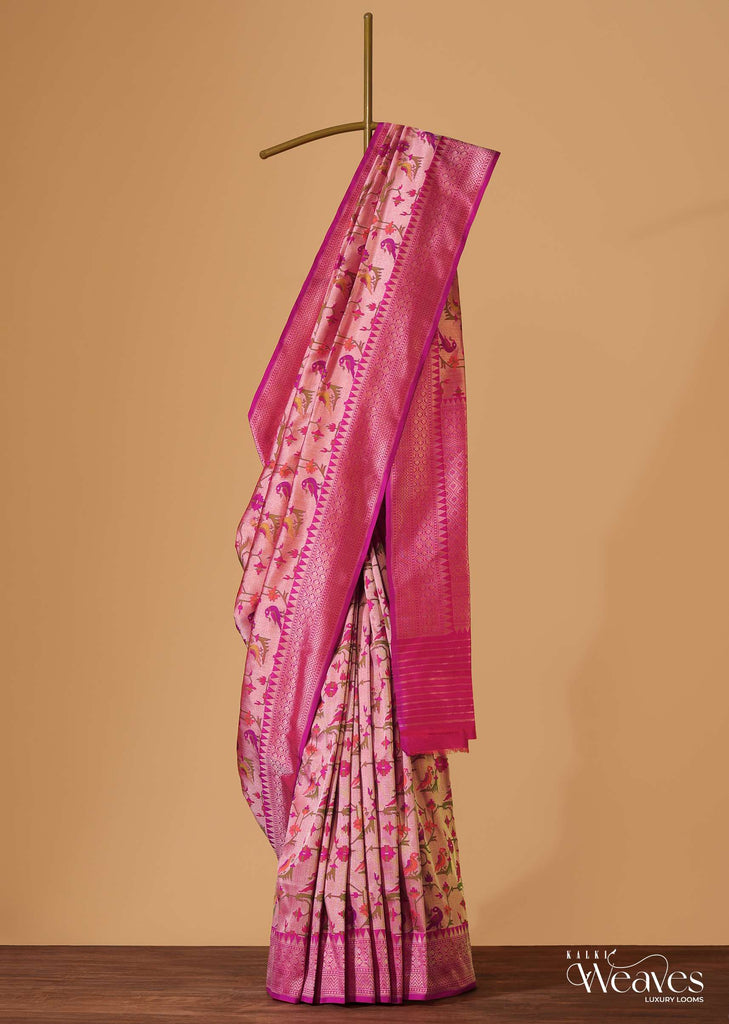 Cherry Pink Handloom Banarasi Saree In Uppada Silk With Silver Zari Shikari Jaal Weave And Unstitched Blouse