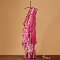 Cherry Pink Handloom Banarasi Saree In Uppada Silk With Silver Zari Shikari Jaal Weave And Unstitched Blouse