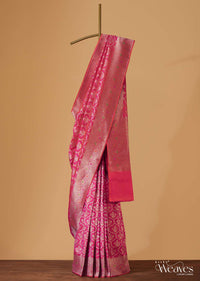 Cherry Pink Handloom Banarasi Saree In Uppada Silk With Gold Weave Meenakari Border And Unstitched Blouse