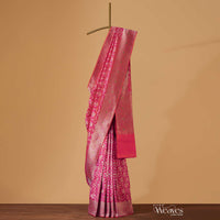 Cherry Pink Handloom Banarasi Saree In Uppada Silk With Gold Weave Meenakari Border And Unstitched Blouse