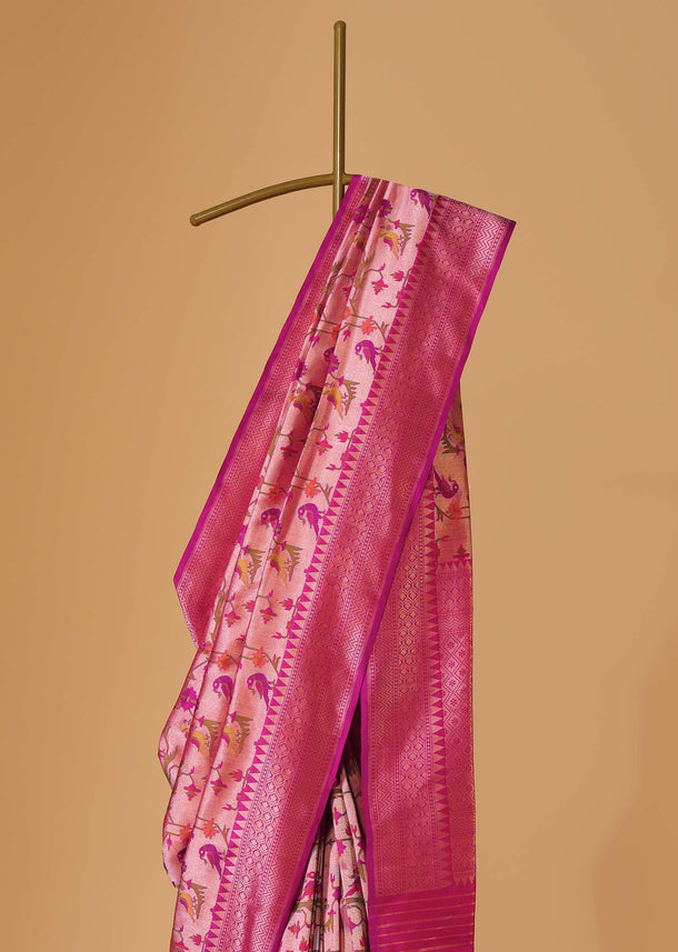 Cherry Pink Handloom Banarasi Saree In Uppada Silk With Silver Zari Shikari Jaal Weave And Unstitched Blouse