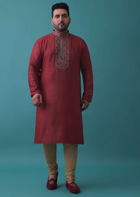 Cherry Red Embroidered Kurta Set In Silk