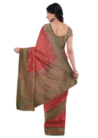 Cherry red banarasi saree with two toned green blouse piece only on Kalki