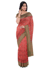 Cherry red banarasi saree with two toned green blouse piece only on Kalki