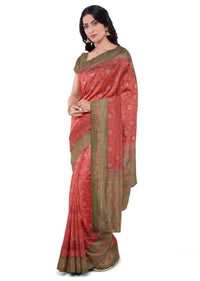 Cherry red banarasi saree with two toned green blouse piece only on Kalki