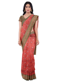 Cherry red banarasi saree with two toned green blouse piece only on Kalki