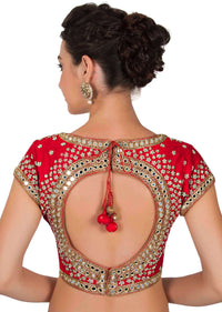 Cherry red blouse in kundan and mirror work only on Kalki