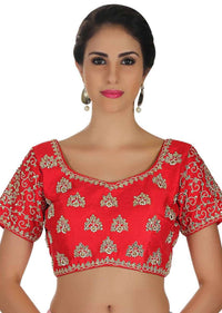 Cherry red blouse with kundan and zari embroidered butti only on Kalki