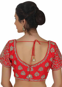 Cherry red blouse with kundan and zari embroidered butti only on Kalki