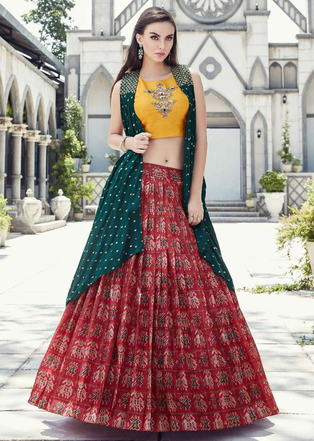 Cherry Red Lehenga In Ikkat Motif Print Matched With Yellow Crop Top Blouse And Rama Green Jacket