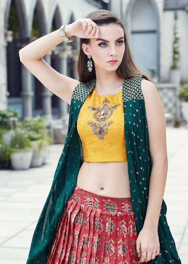 Cherry Red Lehenga In Ikkat Motif Print Matched With Yellow Crop Top Blouse And Rama Green Jacket