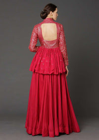 Cherry Red Peplum Top And Flared Palazzo Pants With Sequins Work Online - Kalki Fashion