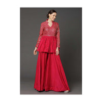 Cherry Red Peplum Top And Flared Palazzo Pants With Sequins Work Online - Kalki Fashion