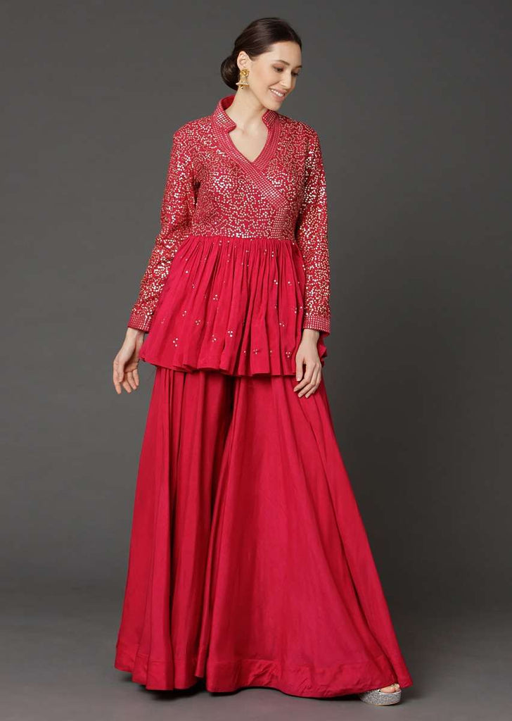 Cherry Red Peplum Top And Flared Palazzo Pants With Sequins Work Online - Kalki Fashion