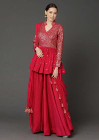 Cherry Red Peplum Top And Flared Palazzo Pants With Sequins Work Online - Kalki Fashion