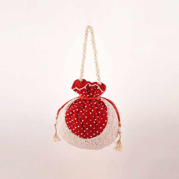 Cherry Red Potli Bag In Velvet With Moti Work In Crescent Design Along The Edge And Scattered In The Centre By Shubham