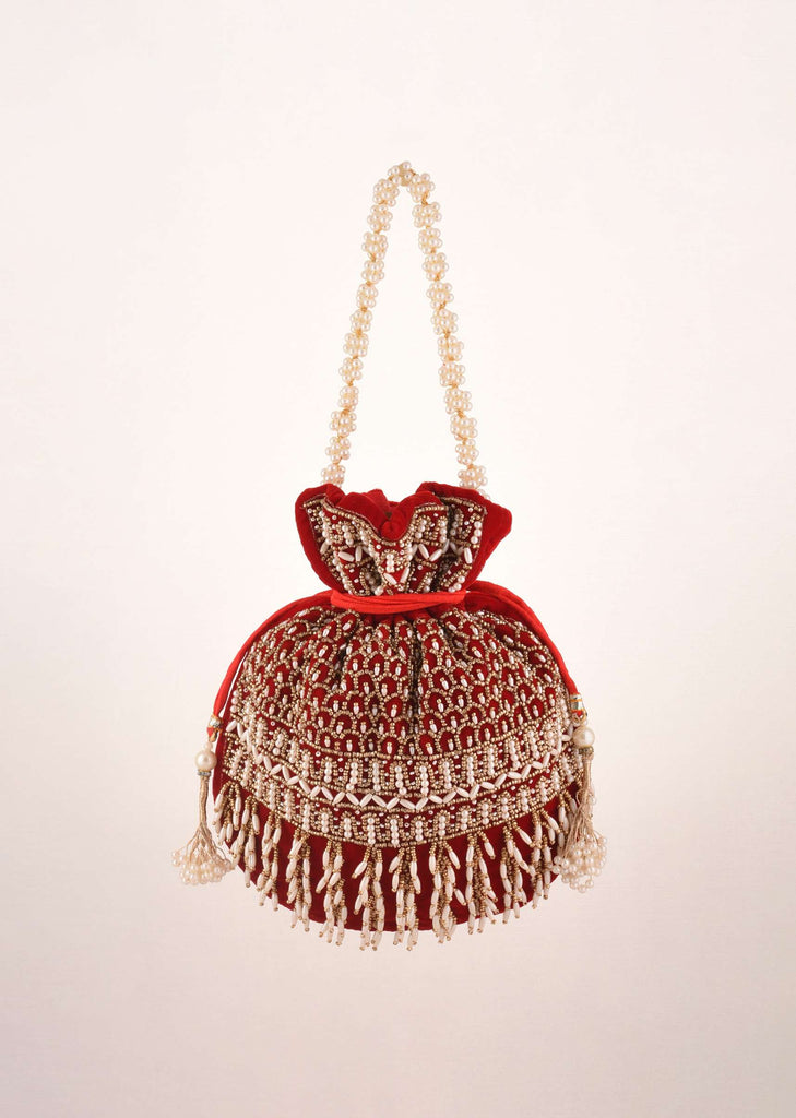 Cherry Red Potli In Velvet Heavily Embroidered With Beads And Moti Work In Scalloped And Tassel