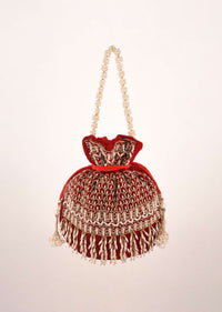 Cherry Red Potli In Velvet Heavily Embroidered With Beads And Moti Work In Scalloped And Tassel