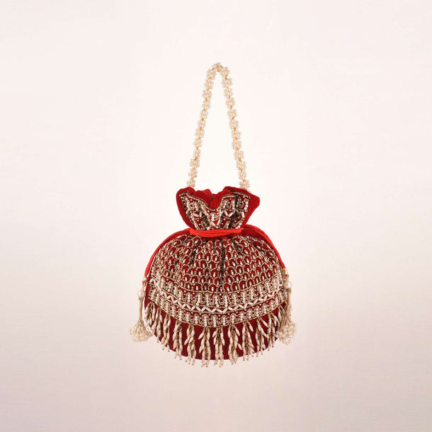 Cherry Red Potli In Velvet Heavily Embroidered With Beads And Moti Work In Scalloped And Tassel