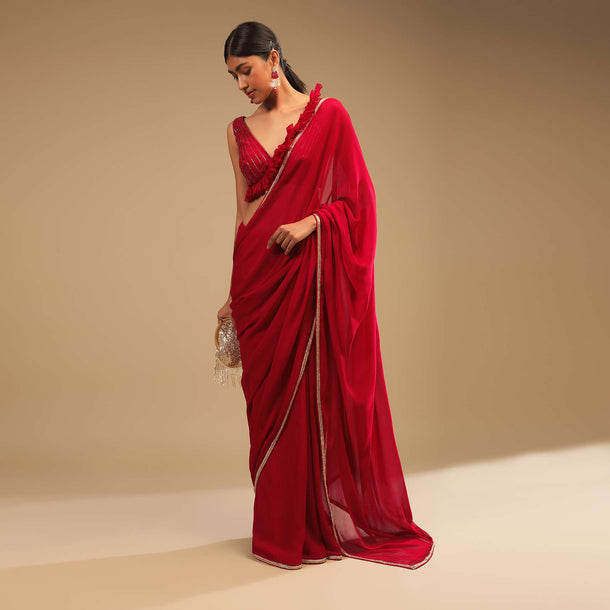 Cherry Red Saree In Georgette With Sequins And Cut Dana Embellished Border And A Ruffle Frill Adorned Crop Top