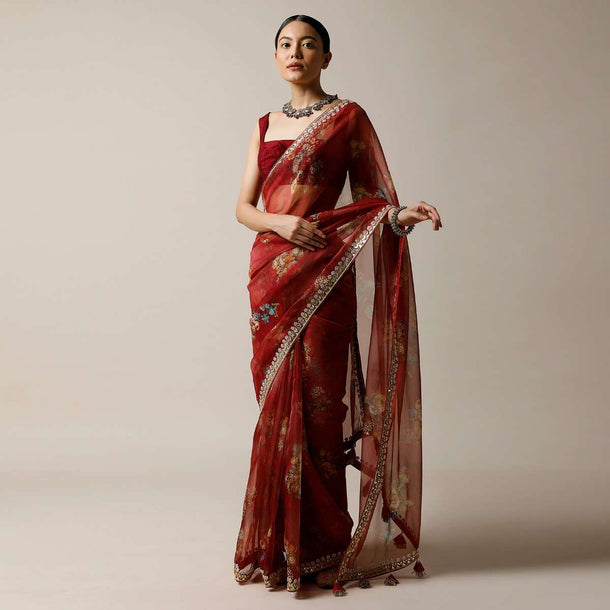 Cherry Red Saree In Organza With Floral Print And Gotta Patti Embroidered Border Along With Unstitched Blouse